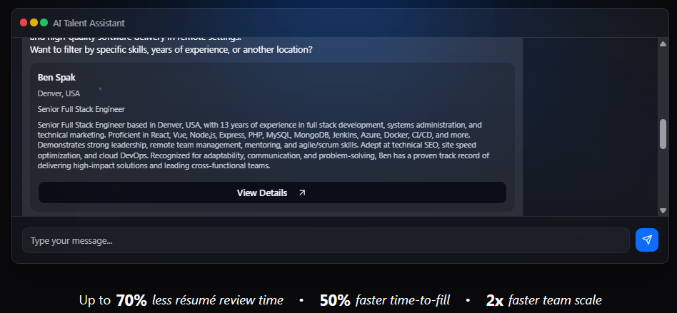Detailed candidate analytics and context-aware recommendations for faster, smarter hiring.
