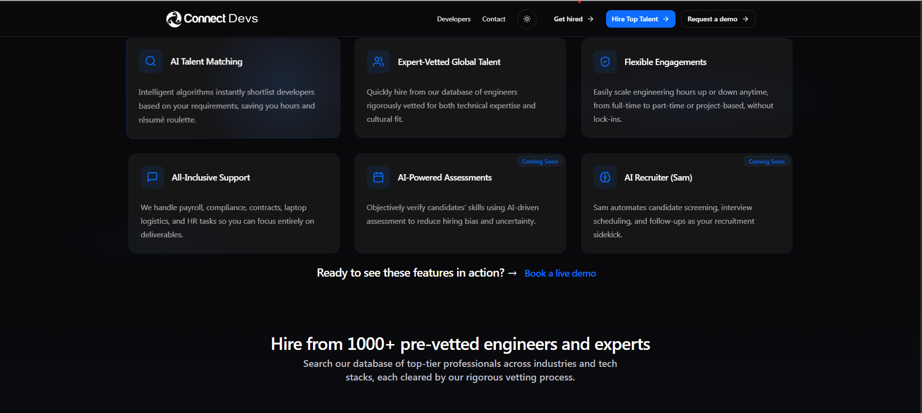 Smart hiring dashboard discover pre-vetted engineers with real time performance insights.