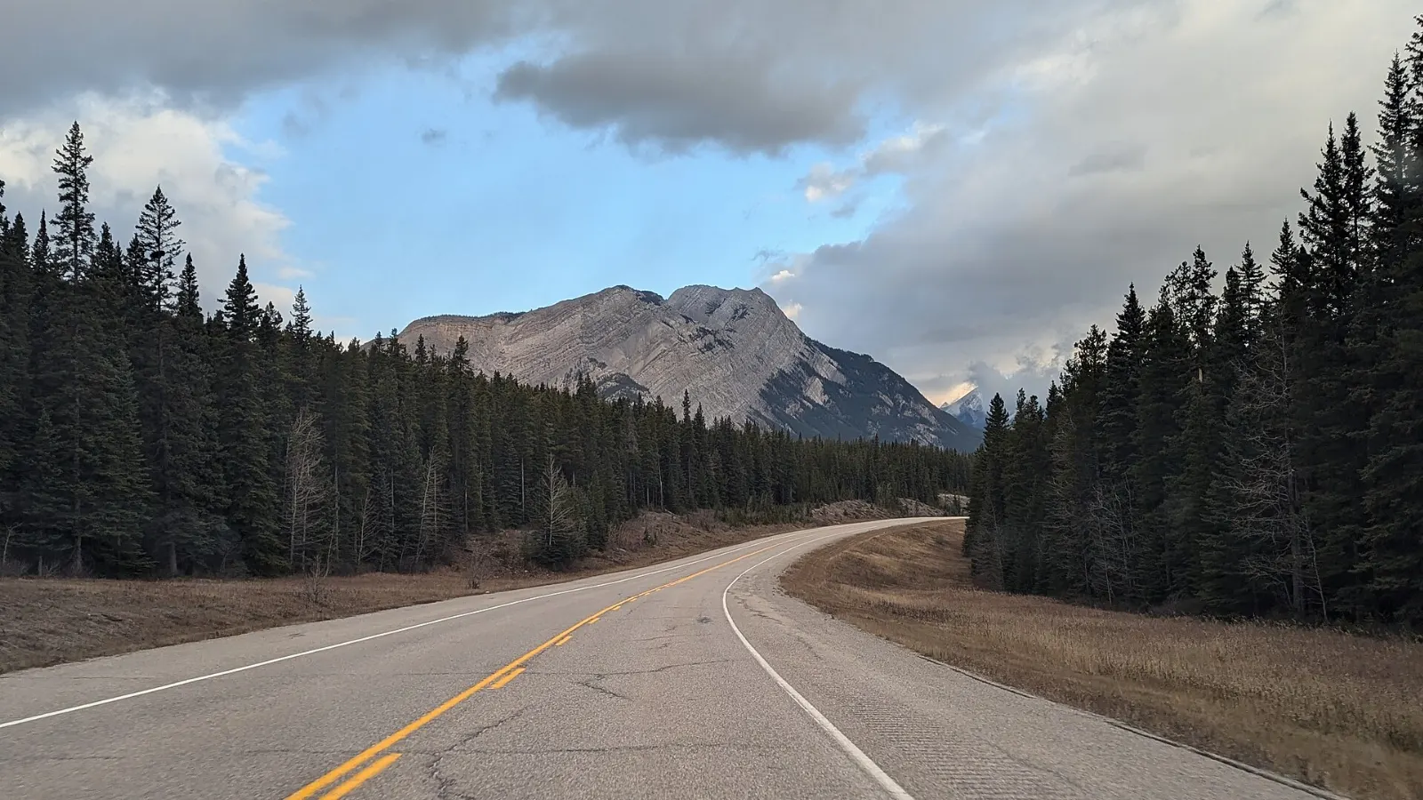 The David Thompson Highway running toward the Rockies, Abraham Lake, Alberta