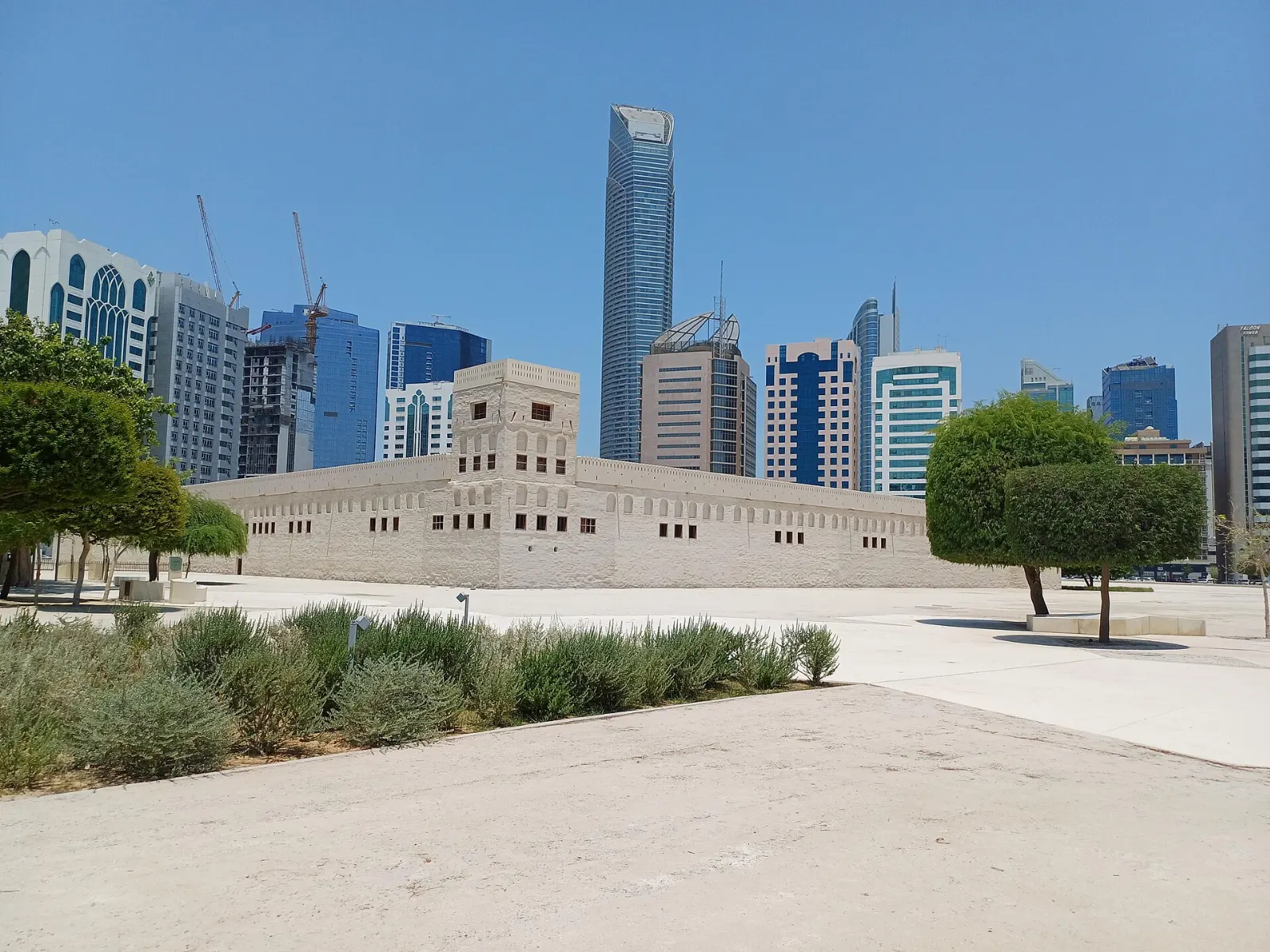 Whitewashed walls and towers of the Qasr Al Hosn fort in central Abu Dhabi, United Arab Emirates