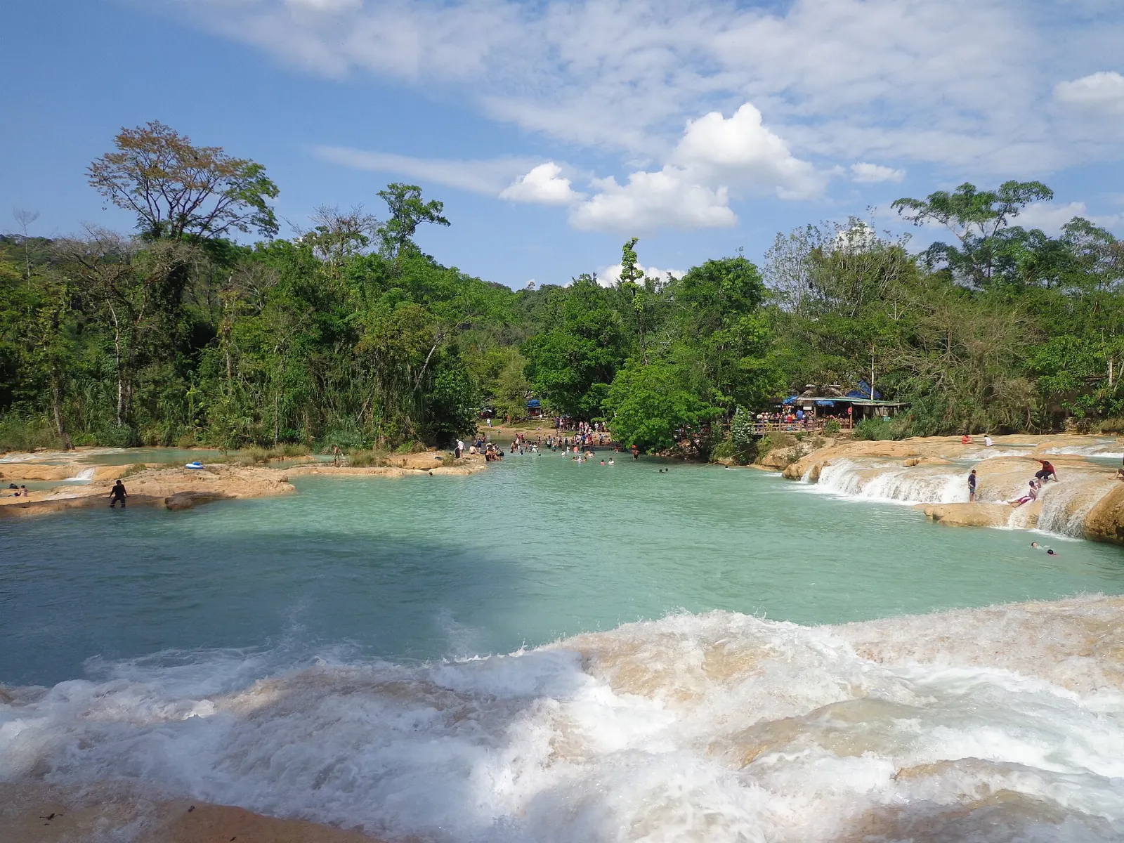 Water descending in two streams around small islands at Agua Azul, Agua Azul Cascades, Chiapas