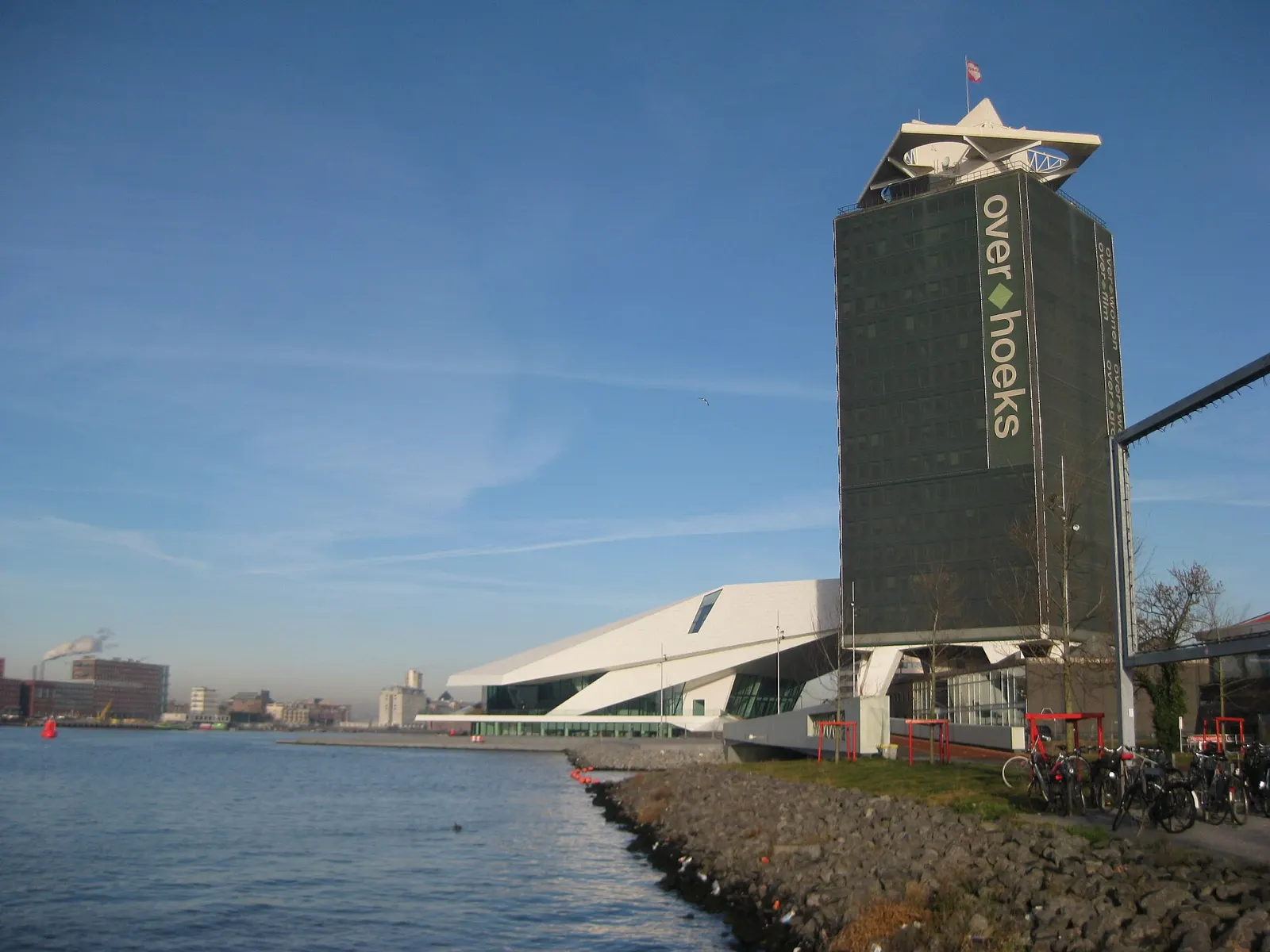 The A'DAM Tower beside the EYE Filmmuseum on the north bank of the IJ, Amsterdam, Netherlands