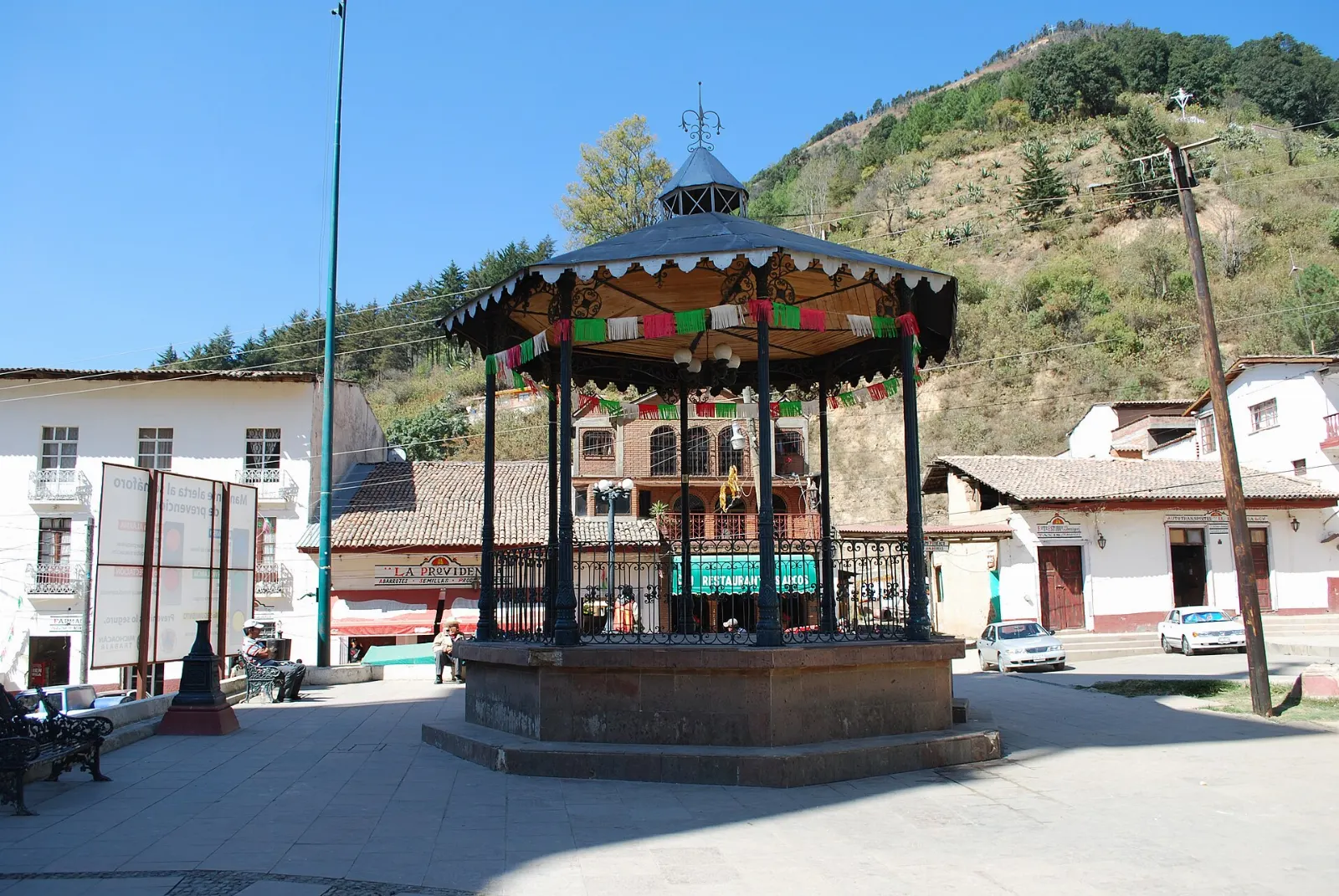 Main plaza of Angangueo with its two churches, Michoacán
