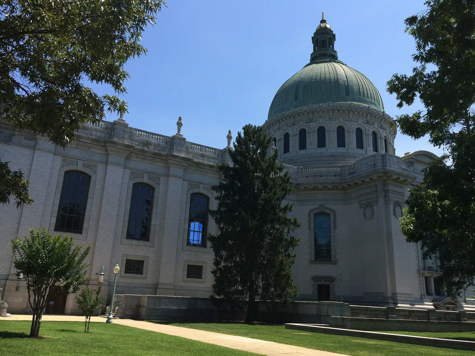 Copper-domed chapel rising above the Naval Academy grounds, Annapolis, Maryland