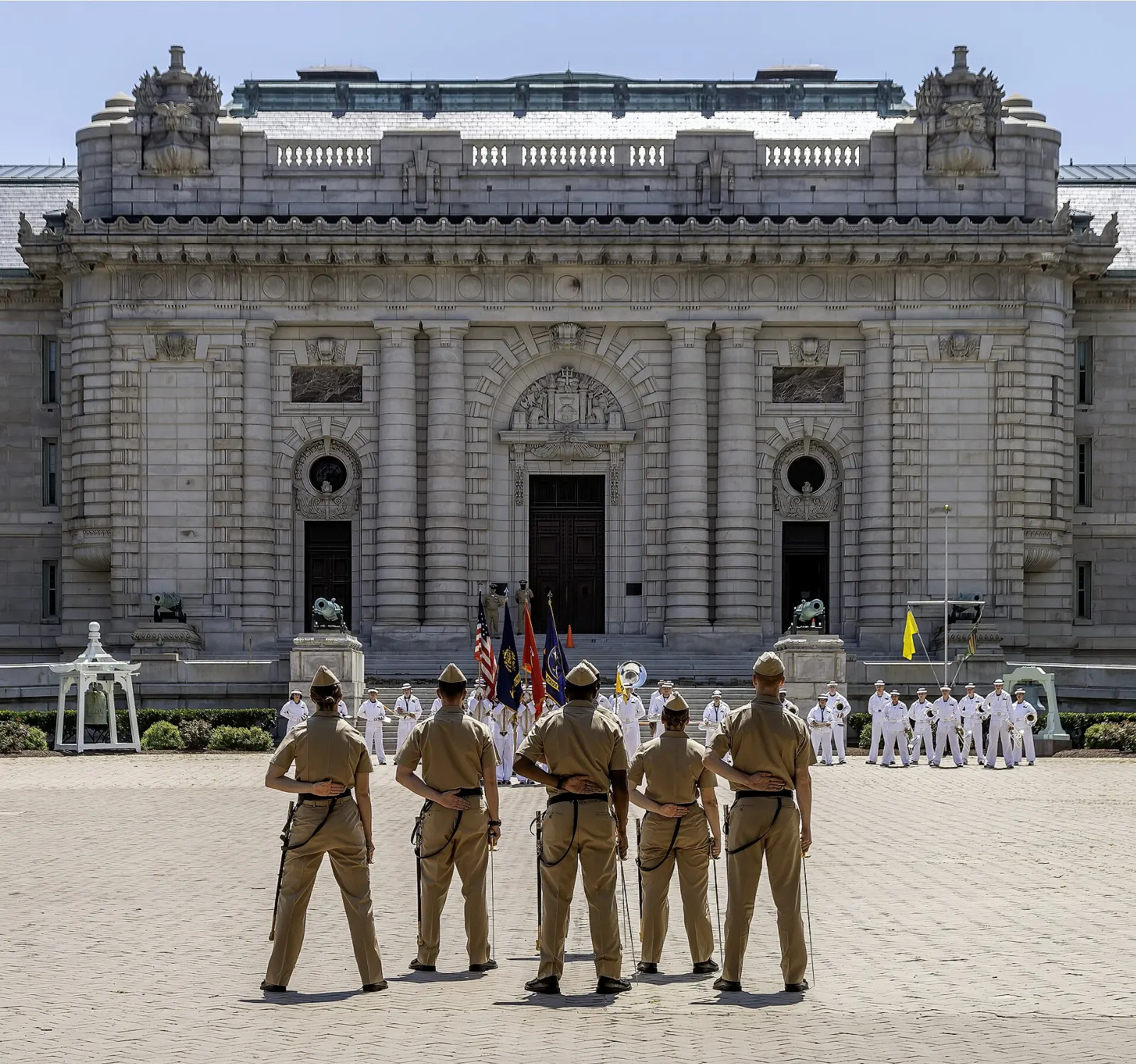 Massive Beaux-Arts facade of Bancroft Hall facing Tecumseh Court, Annapolis, Maryland