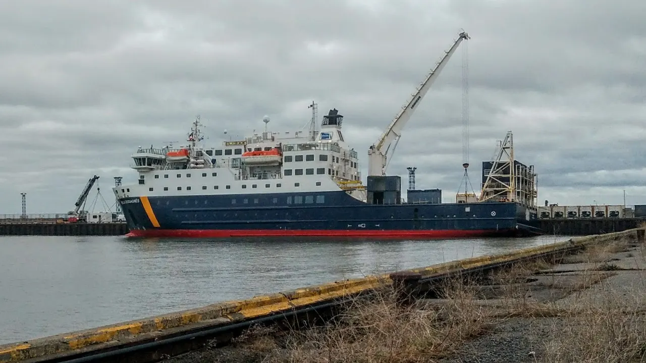 The ship Bella Desgagnés at a wharf on the Quebec North Shore, Anticosti Island, Quebec