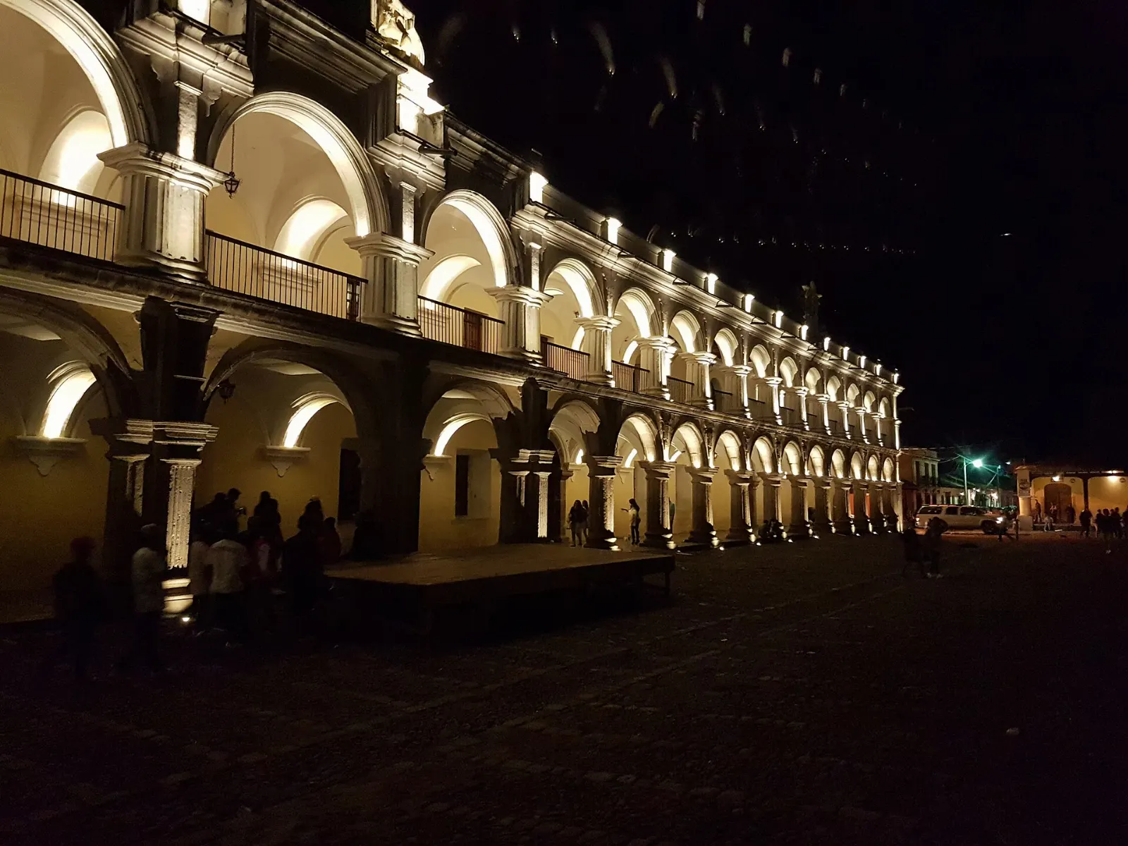 The long double arcade of the Palace of the Captains General on Antigua's main square, Guatemala