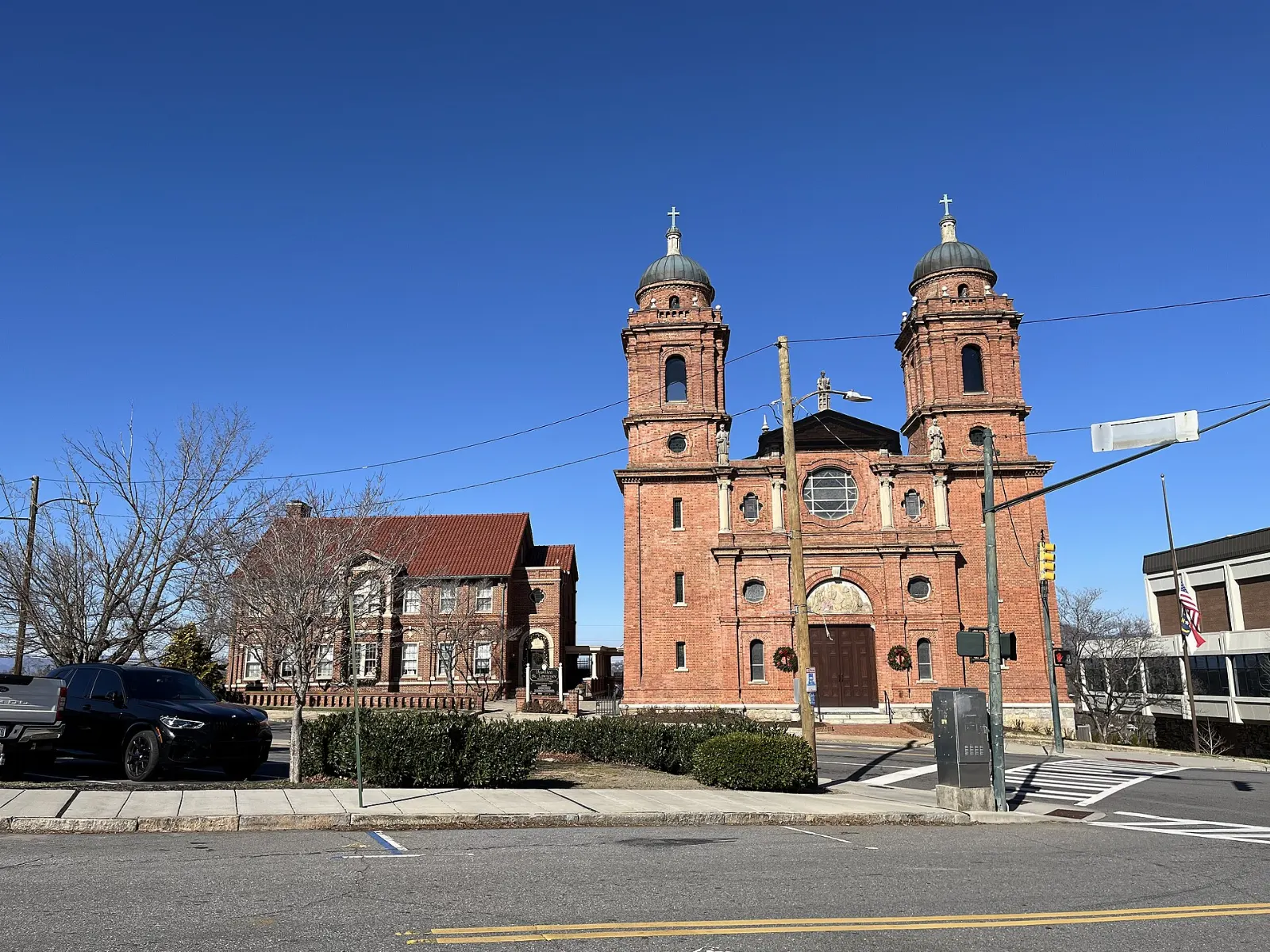Spanish Renaissance style basilica with twin towers and a tiled dome, Asheville, North Carolina