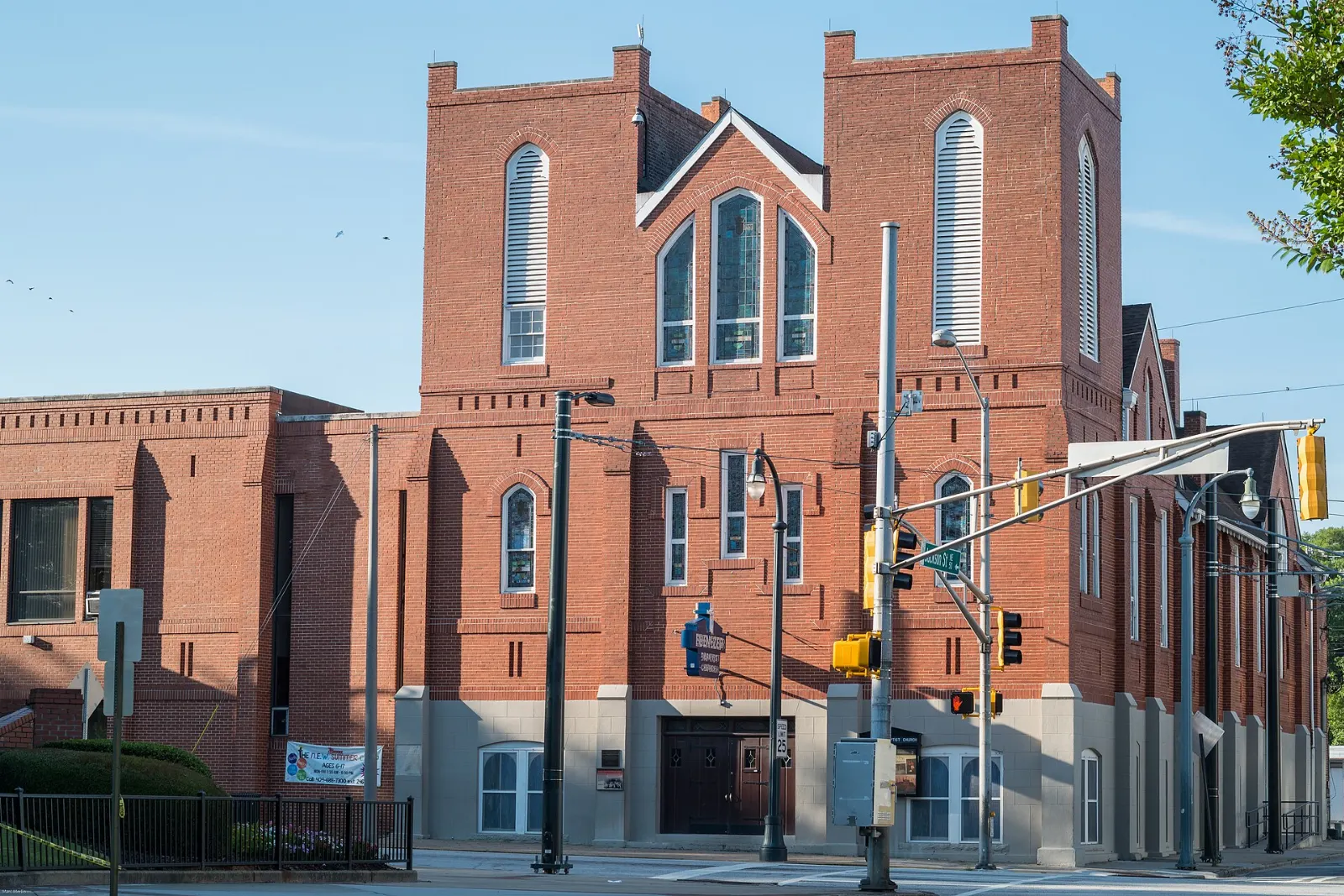 The brick facade of the historic Ebenezer Baptist Church on Auburn Avenue, Atlanta, Georgia
