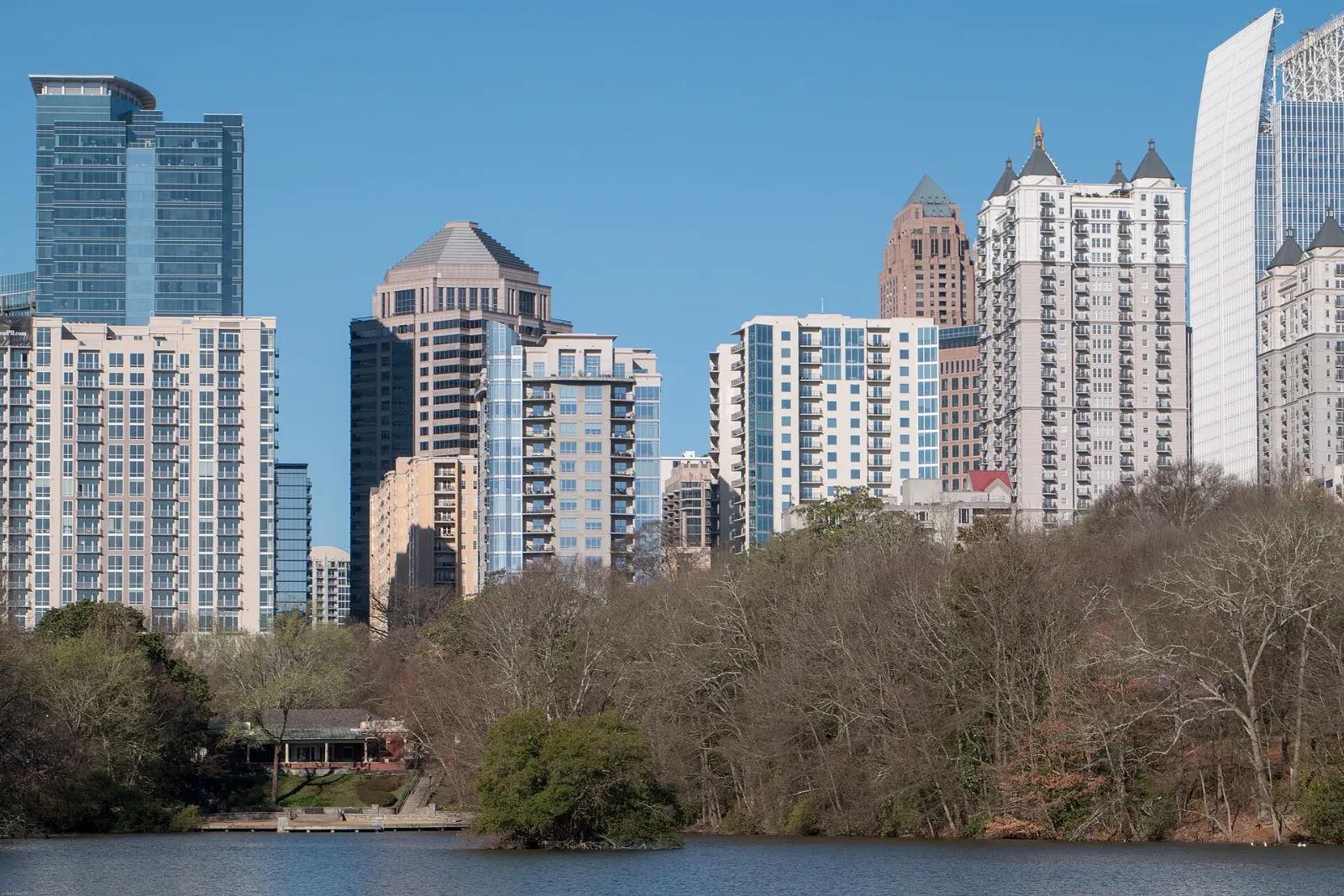 Lake Clara Meer in Piedmont Park with the Midtown skyline behind, Atlanta, Georgia