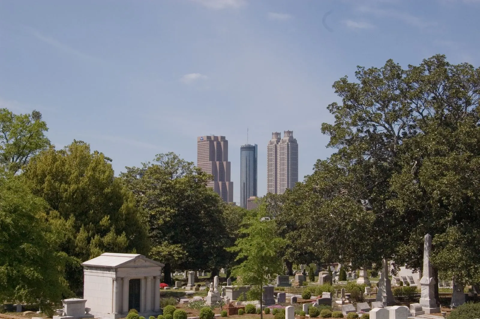 Victorian monuments and old oaks in Historic Oakland Cemetery, Atlanta, Georgia