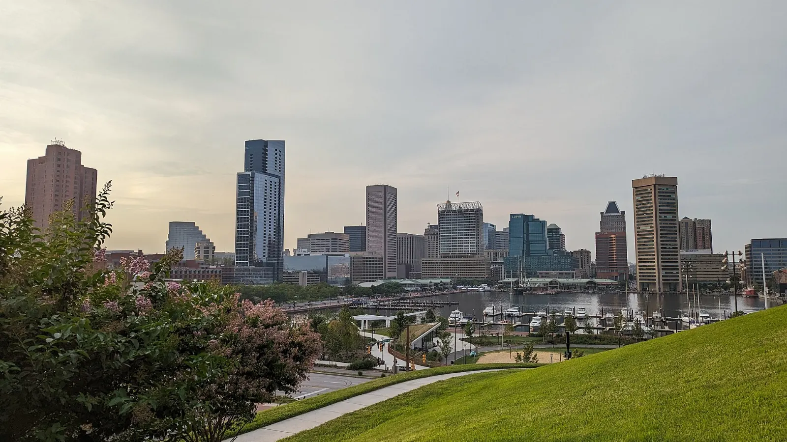 View from Federal Hill Park over the Inner Harbor and downtown towers, Baltimore, Maryland