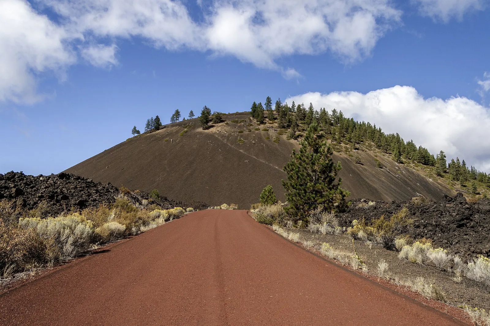 Lava Butte cinder cone surrounded by a dark lava flow and pine forest, Bend, Oregon