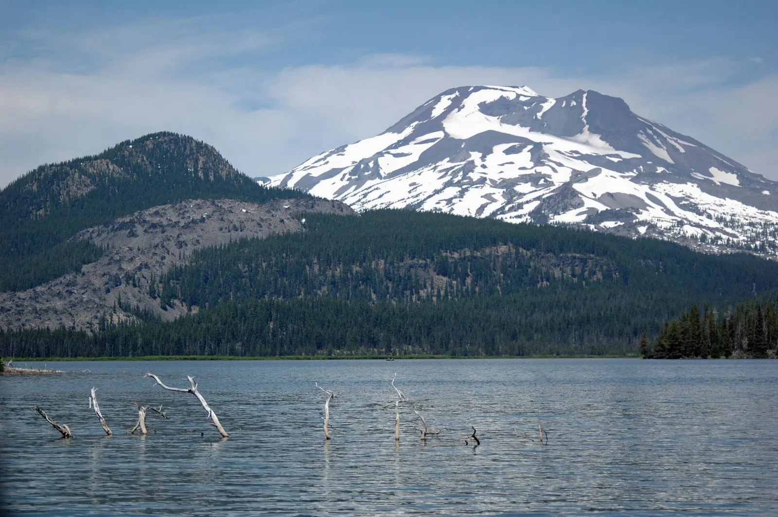 Calm Sparks Lake with South Sister and Broken Top reflected in the water, Bend, Oregon