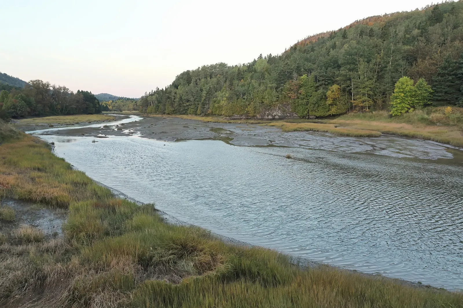 Slow river winding through Bic National Park, Quebec