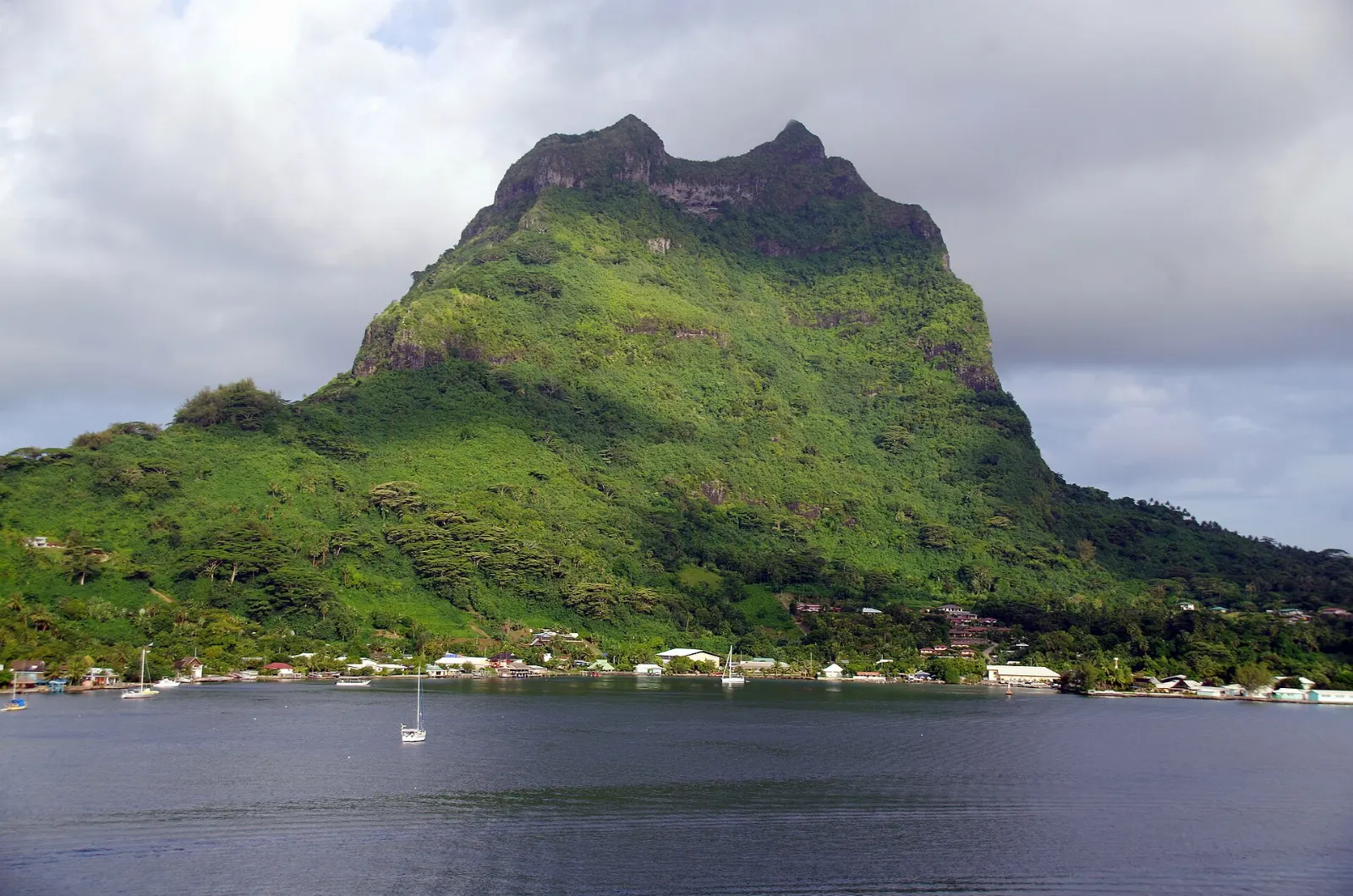 Green volcanic slopes of Mount Pahia on Bora Bora's main island, French Polynesia