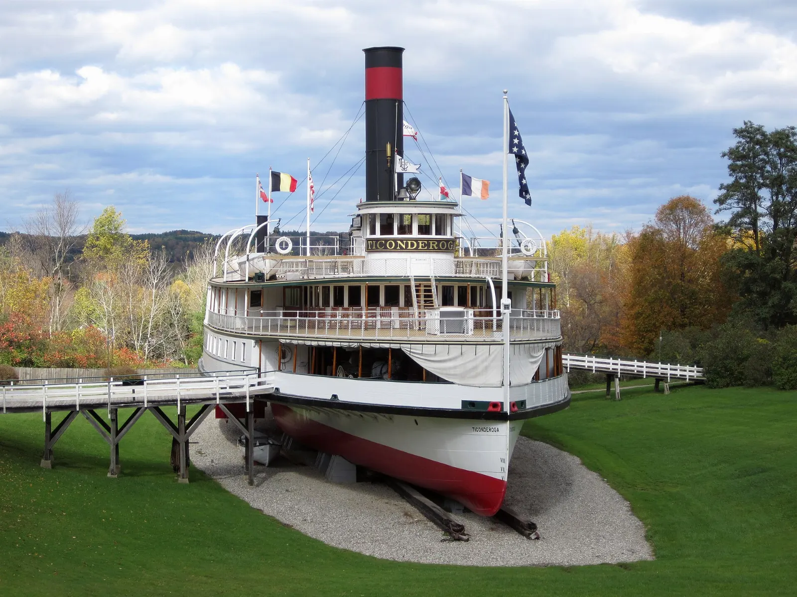 The white sidewheel steamboat Ticonderoga displayed on the lawn at Shelburne Museum, Burlington, Vermont