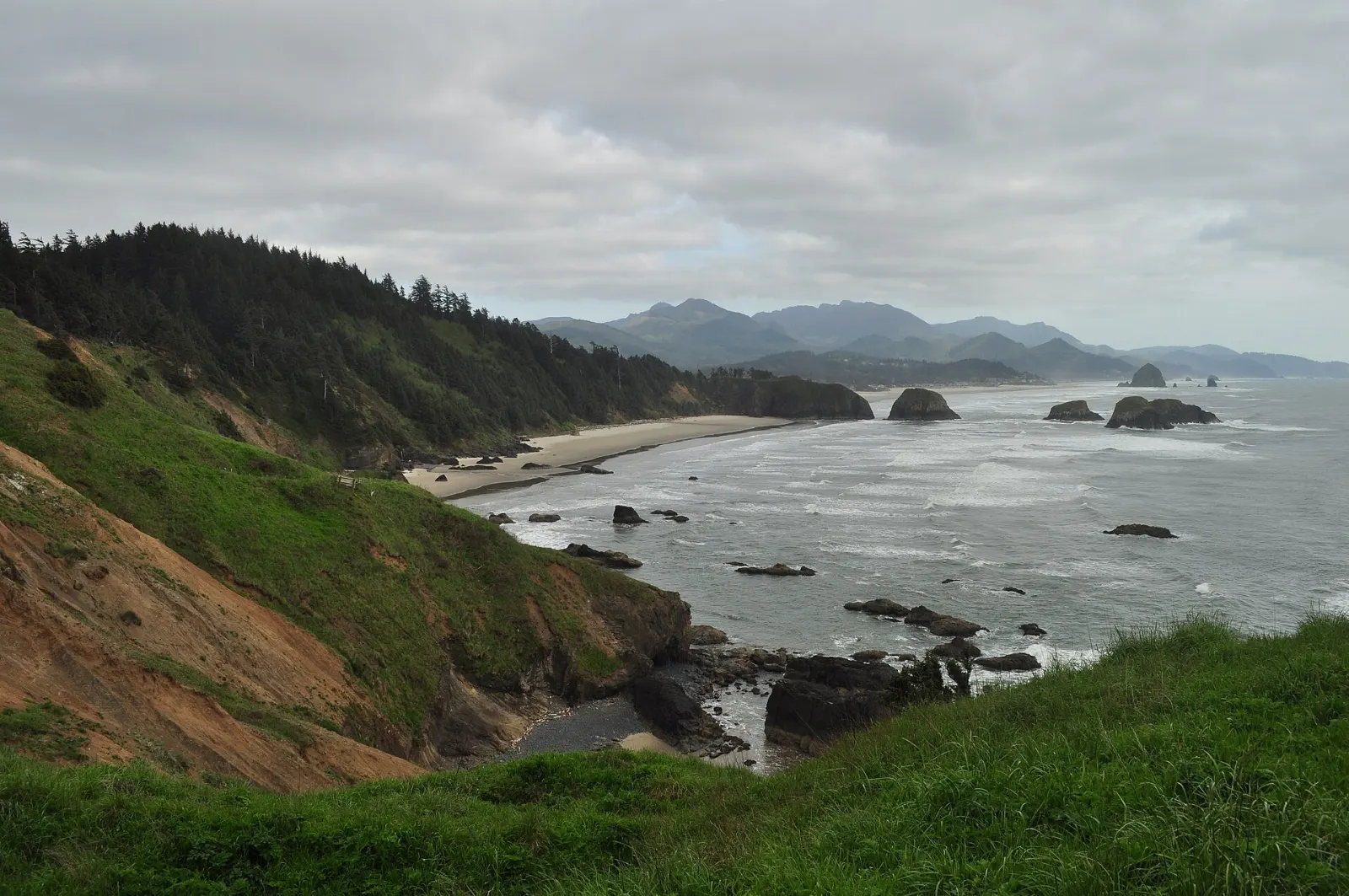 View from Ecola Point south along the forested headland toward Cannon Beach and Haystack Rock, Oregon