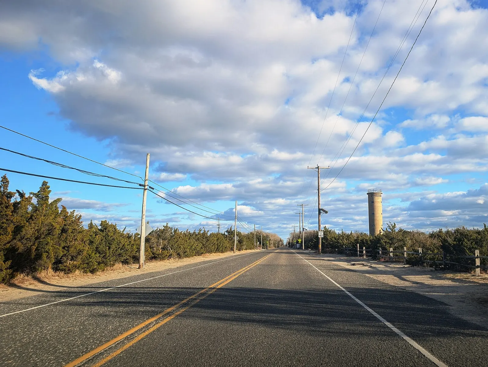 A concrete World War II lookout tower rising above coastal shrubs, Cape May, New Jersey