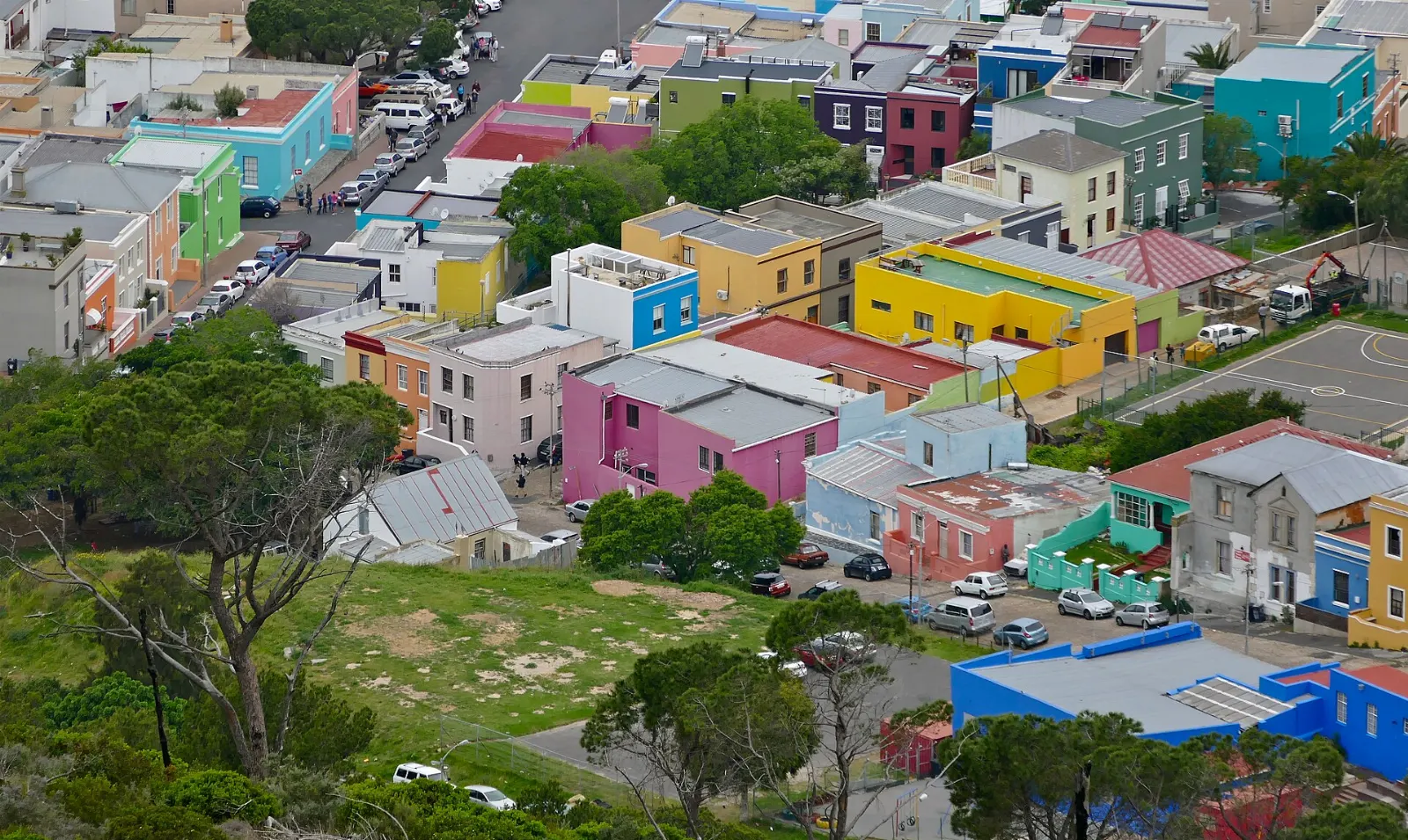 Brightly painted houses along a cobbled street in the Bo-Kaap, Cape Town, South Africa