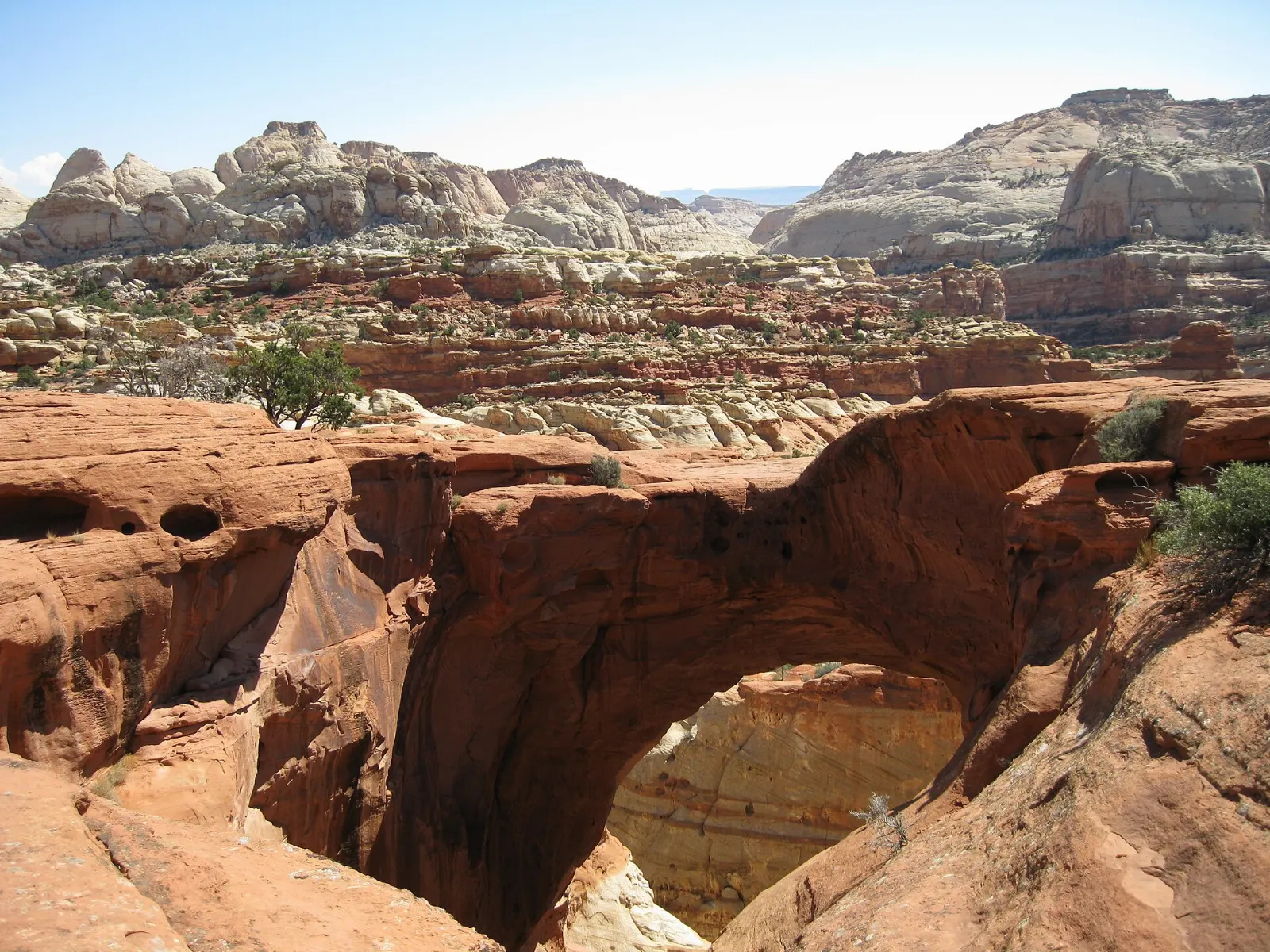 A thick sandstone arch perched on a cliff top above a canyon, Capitol Reef National Park, Utah