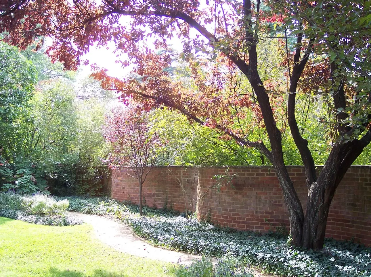 Curving one-brick-thick serpentine wall around a pavilion garden at the University of Virginia, Charlottesville, Virginia