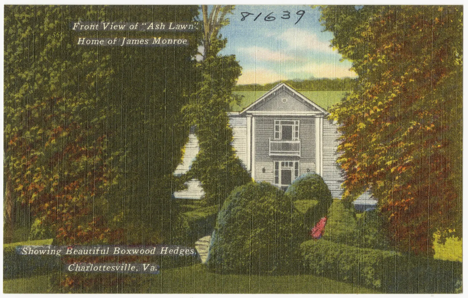 White farmhouse at James Monroe's Highland estate with lawn and trees, Charlottesville, Virginia