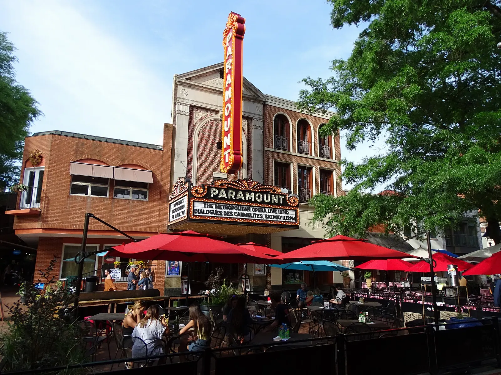 The illuminated marquee of the Paramount Theater on the Downtown Mall, Charlottesville, Virginia