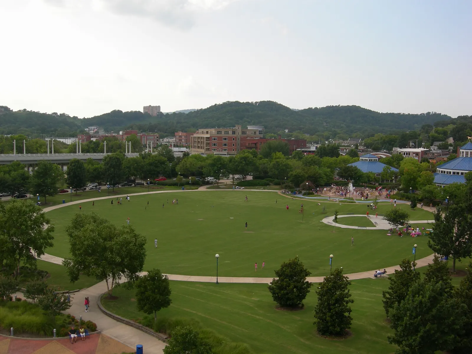 A green riverside lawn and pavilion at Coolidge Park on the North Shore, Chattanooga, Tennessee
