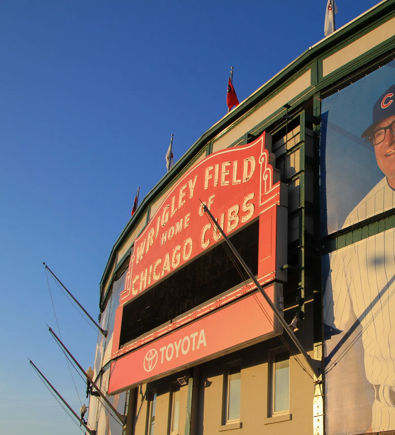 The red Wrigley Field marquee above the main entrance of the ballpark, Chicago, Illinois