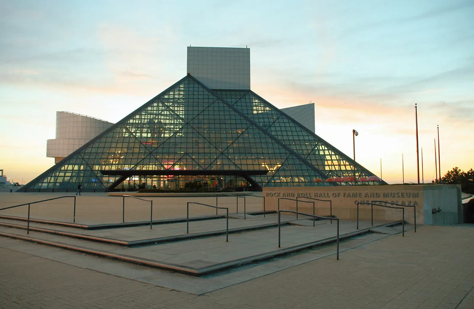 The glass pyramid of the Rock and Roll Hall of Fame on the Lake Erie waterfront, Cleveland, Ohio