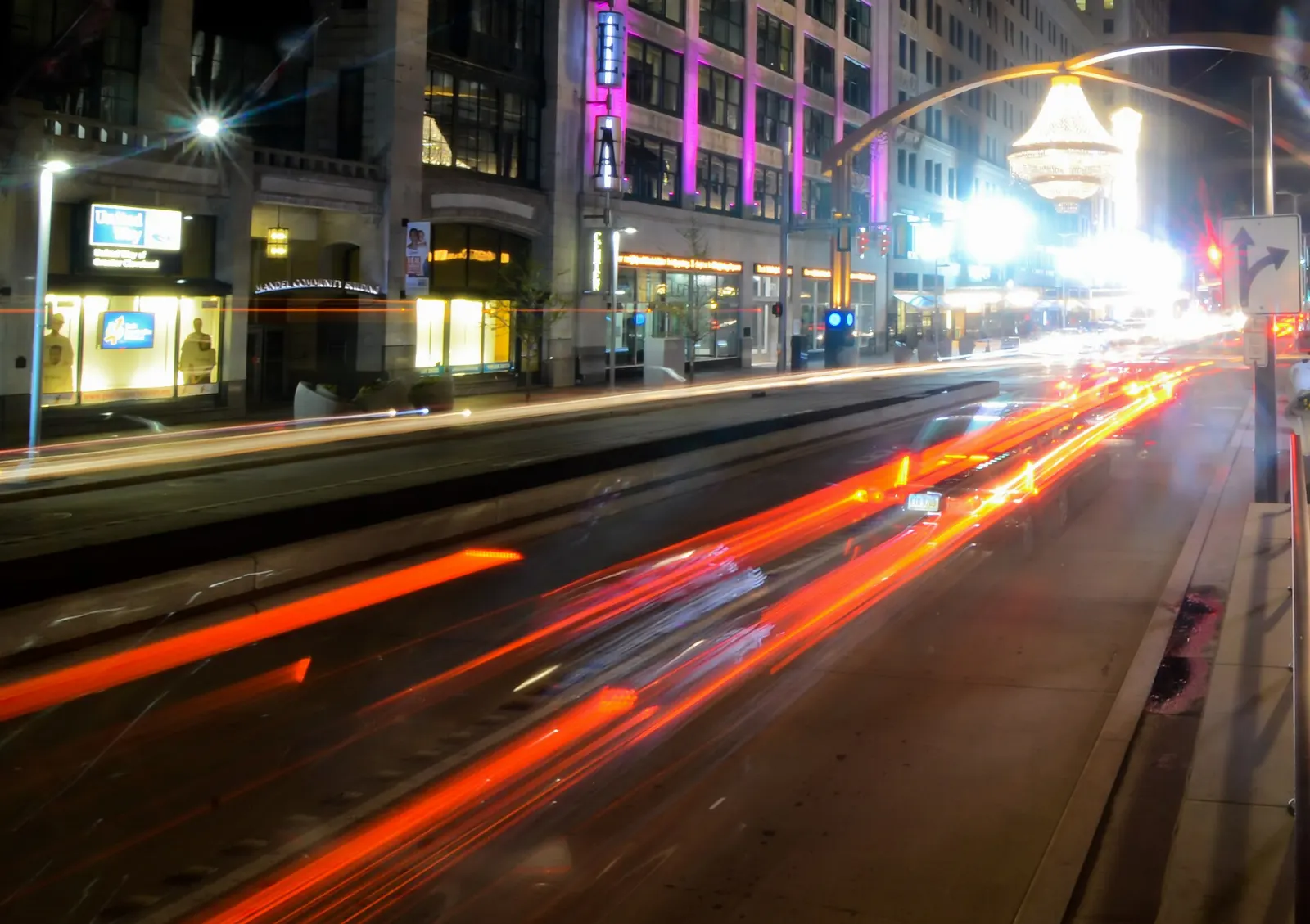 The outdoor chandelier hanging over Euclid Avenue in Playhouse Square at dusk, Cleveland, Ohio