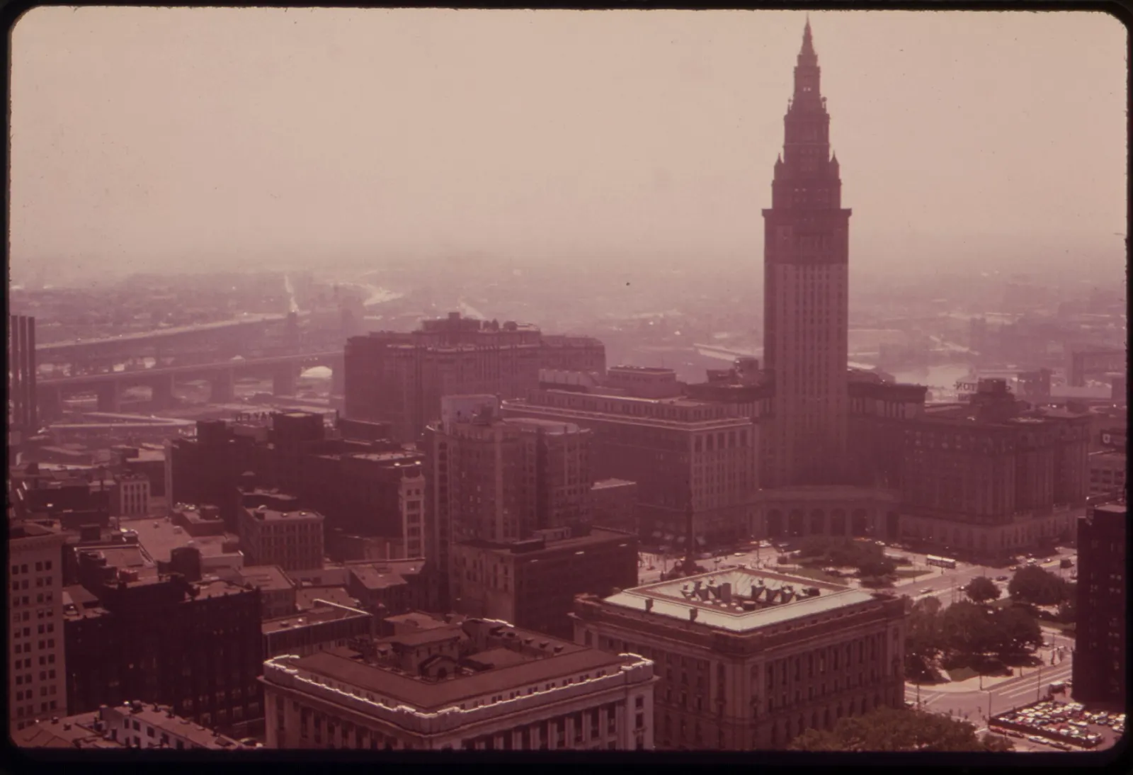 Terminal Tower rising above the lawns of Public Square in downtown Cleveland, Ohio