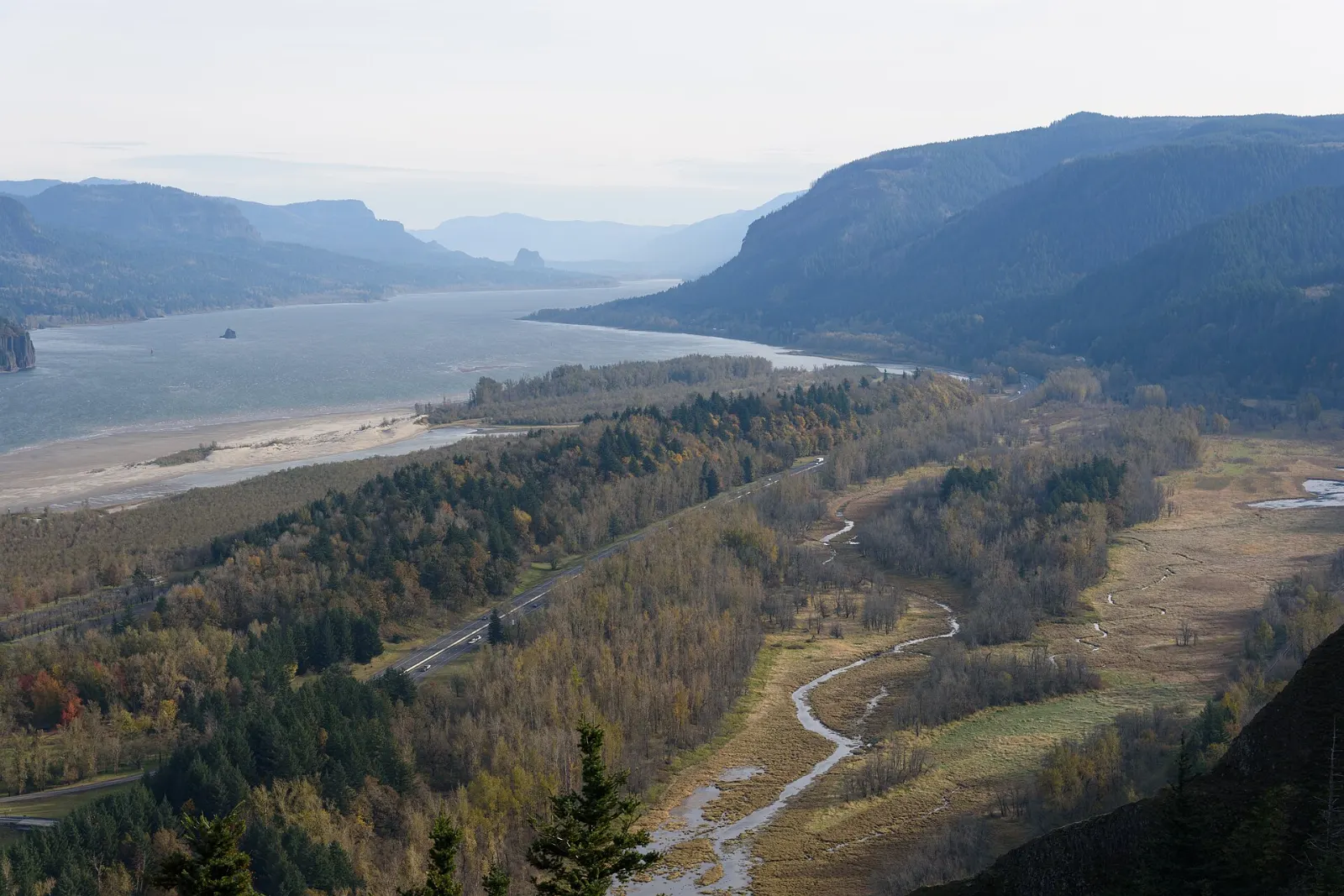 The octagonal stone Vista House building perched on Crown Point above the Columbia River, Columbia River Gorge, Oregon
