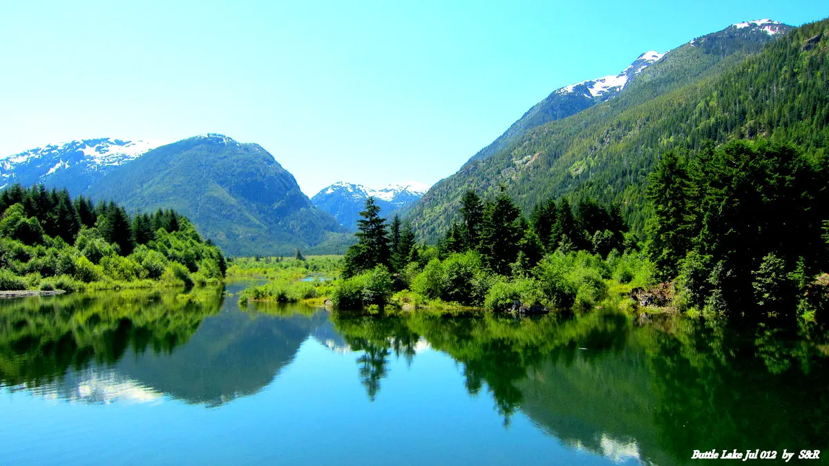 Mountains rising above Buttle Lake in Strathcona Provincial Park, Comox Valley, British Columbia