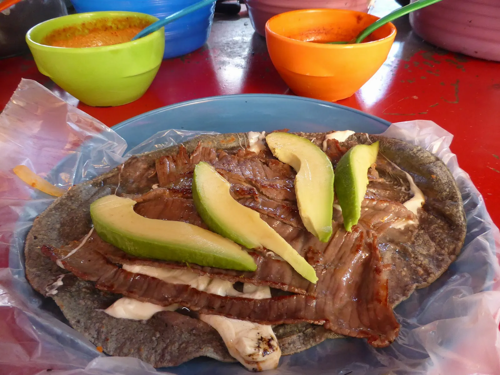 Thin sheets of salted beef served in tacos, Cuernavaca, Morelos