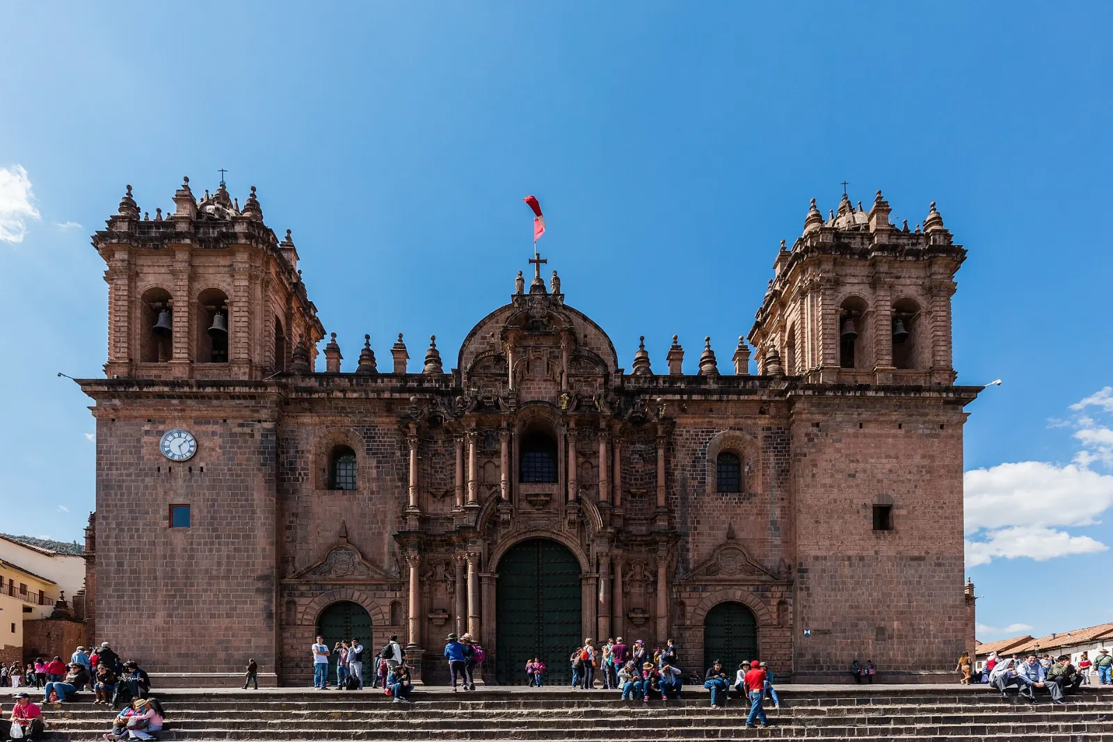Cusco Cathedral facing the Plaza de Armas under a blue Andean sky, Cusco and Machu Picchu, Peru