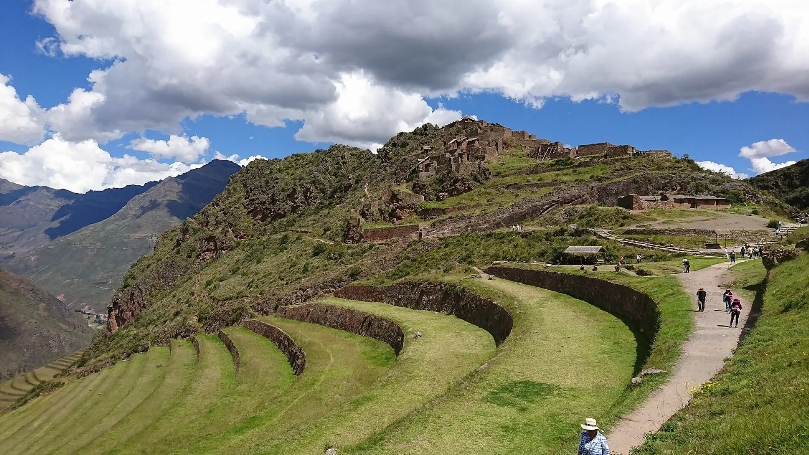 Curving agricultural terraces climbing the mountainside at Pisac, Cusco and Machu Picchu, Peru