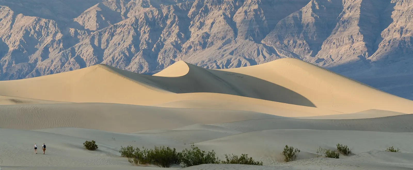 Rippled sand dunes casting long shadows at sunrise with mountains behind, Death Valley National Park, California