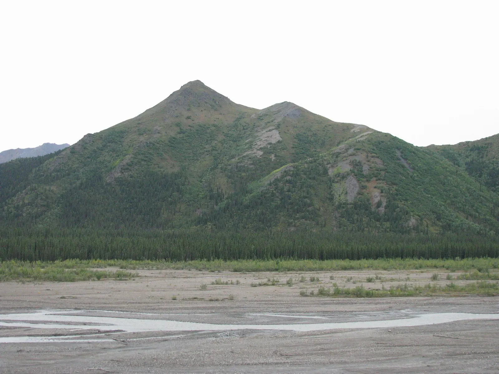 A wide gravel braided river channel beneath mountains along the Denali Park Road, Denali National Park, Alaska