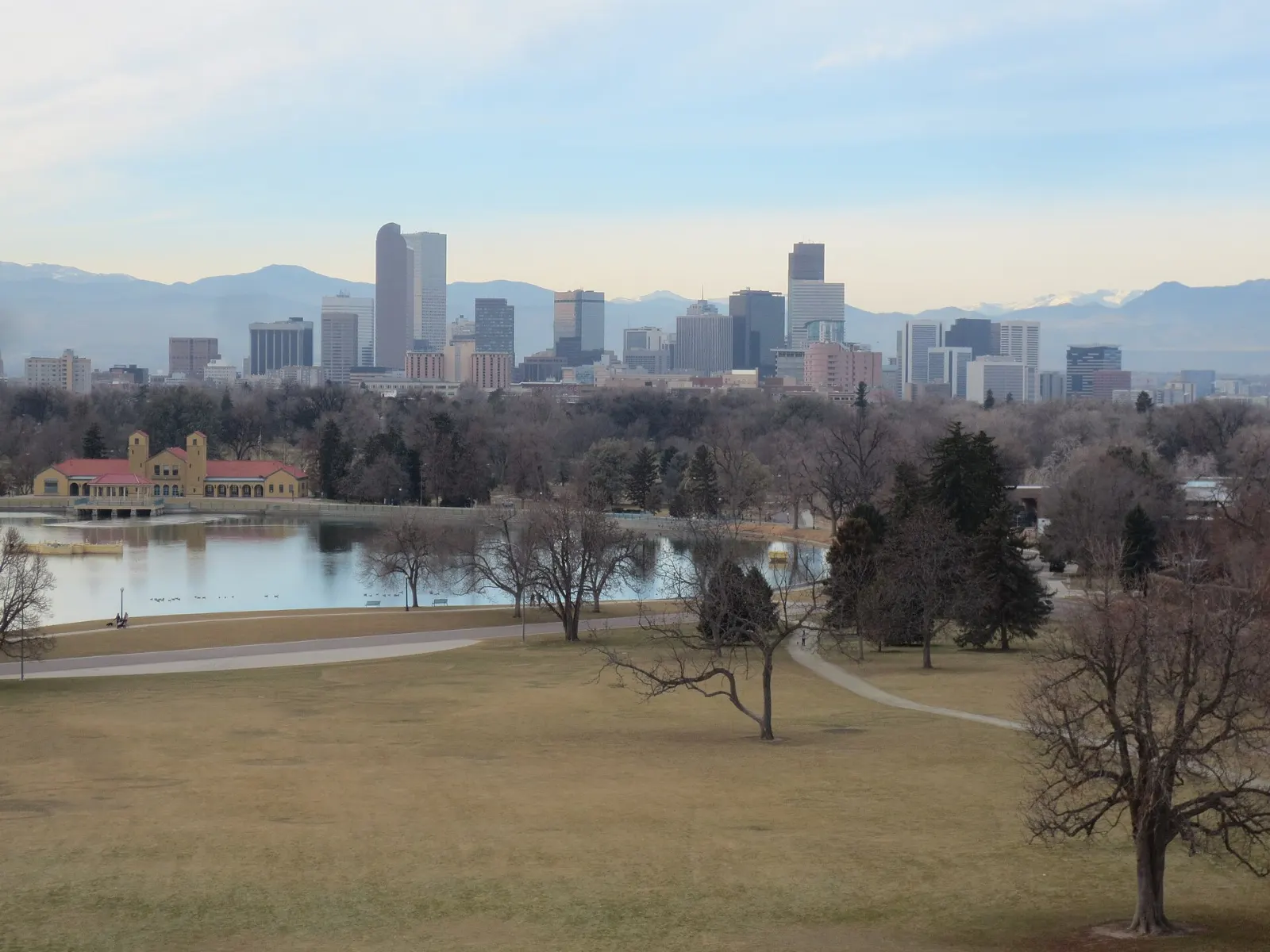 View across Ferril Lake in City Park toward the downtown Denver skyline, Colorado