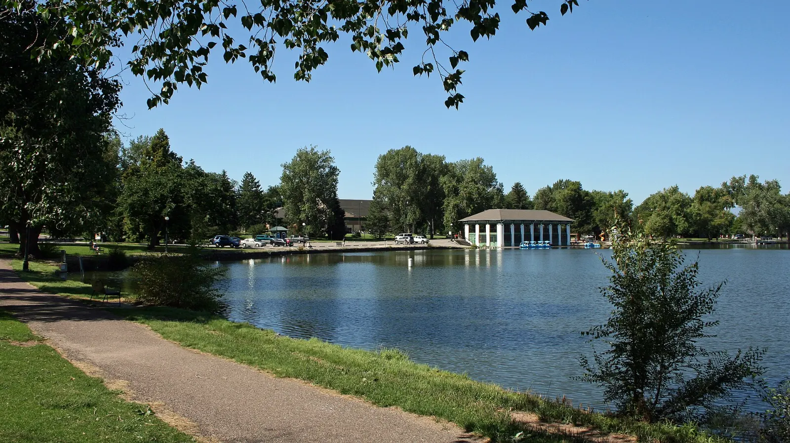 Historic boathouse on Smith Lake in Denver's Washington Park, Colorado
