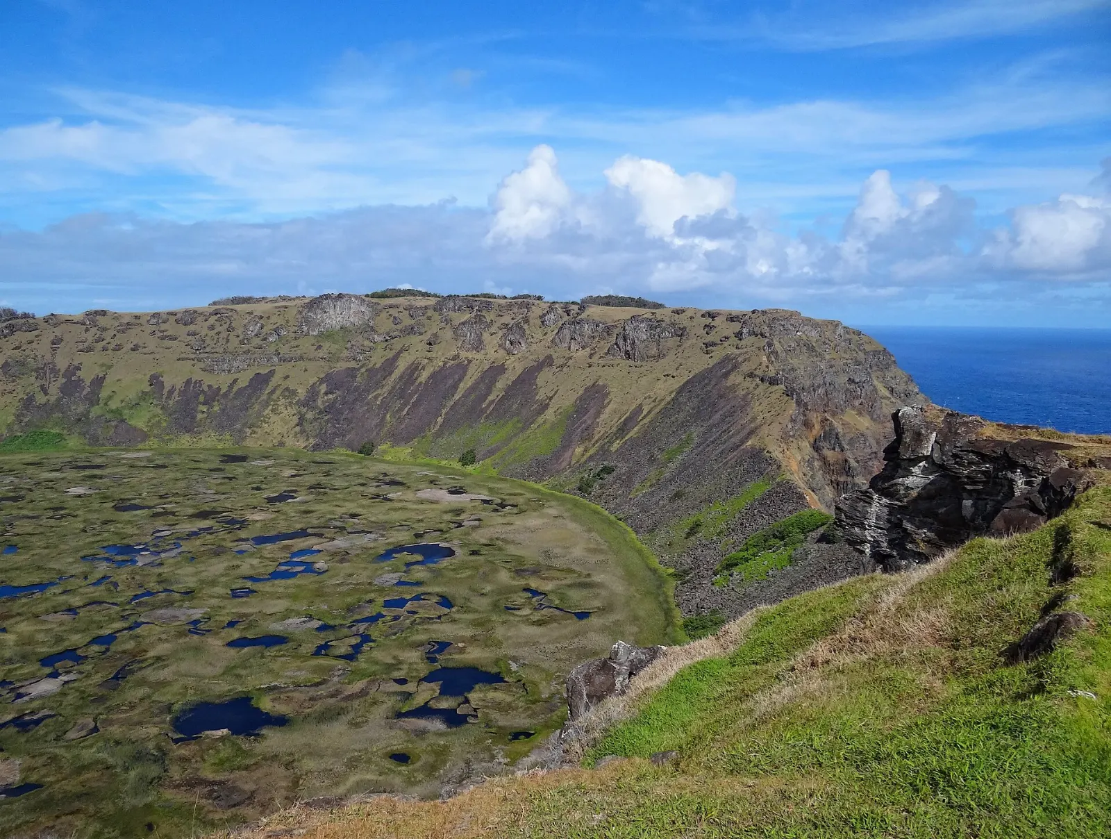 The reed-covered lake inside the Rano Kau volcanic crater on Easter Island, Chile
