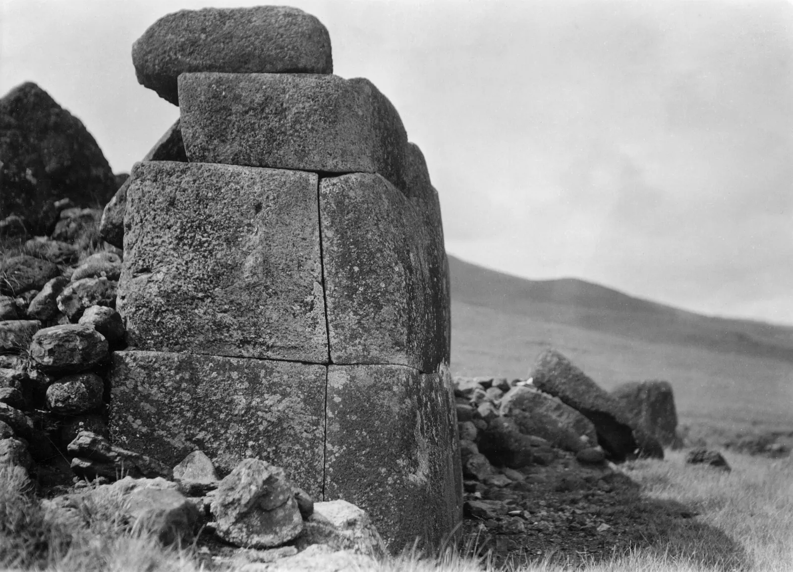 Finely fitted basalt blocks forming the wall of Ahu Vinapu on Easter Island, Chile