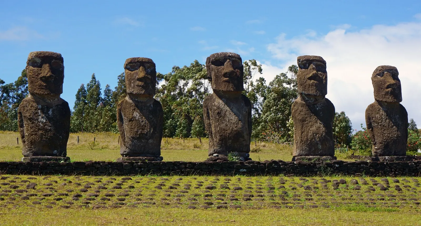 Seven moai standing on an inland platform at Ahu Akivi, Easter Island, Chile