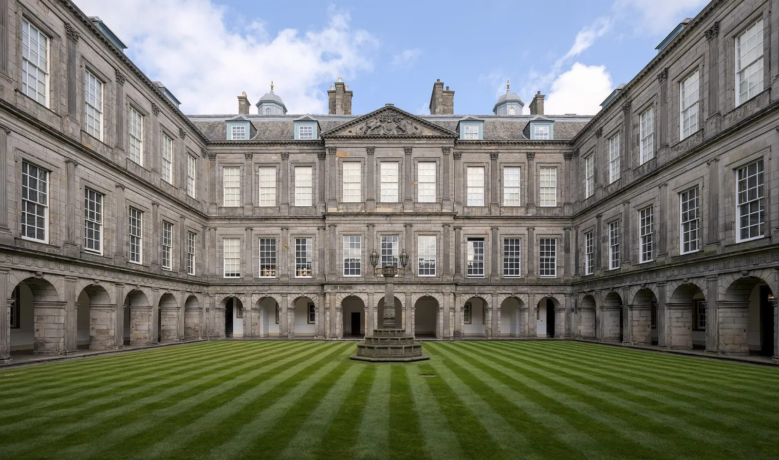 Facade of the Palace of Holyroodhouse with its corner towers, Edinburgh, Scotland