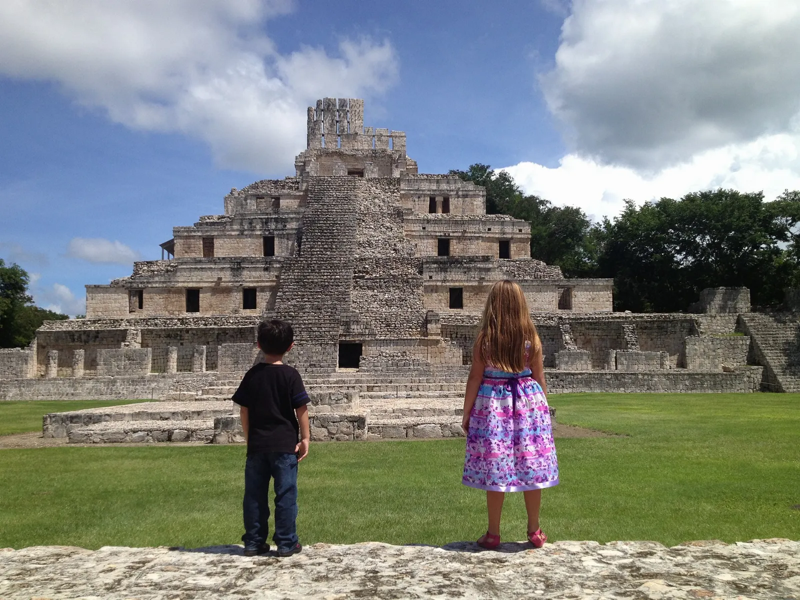 The Great Acropolis plaza at Edzná with temples on its platform, Campeche