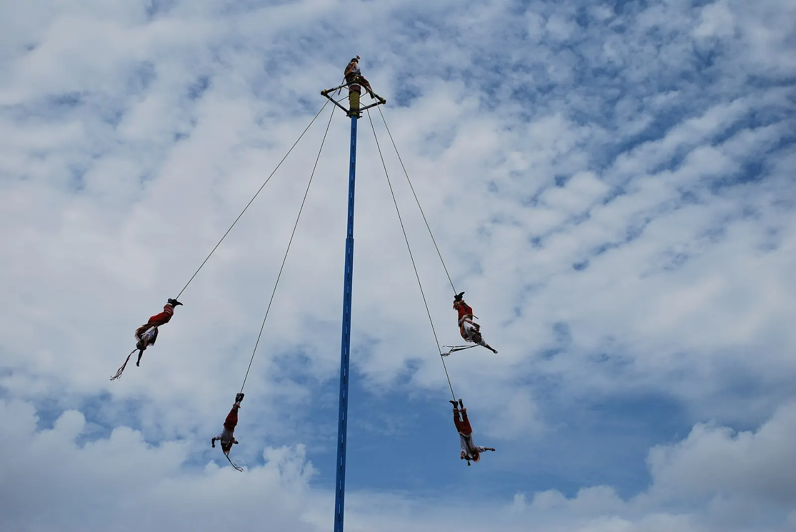 Totonac voladores descending from a tall pole near El Tajín, Veracruz