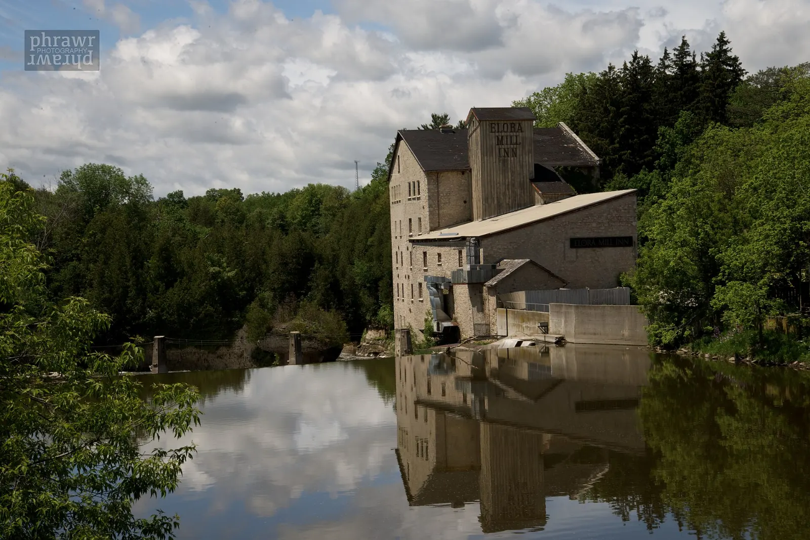 The Tooth of Time rock rising from the Grand River in Elora, Ontario