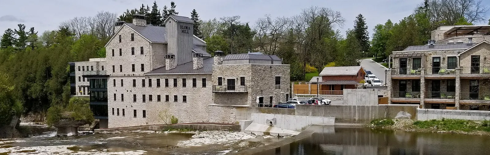 Limestone buildings and shopfronts along Mill Street in Elora, Ontario